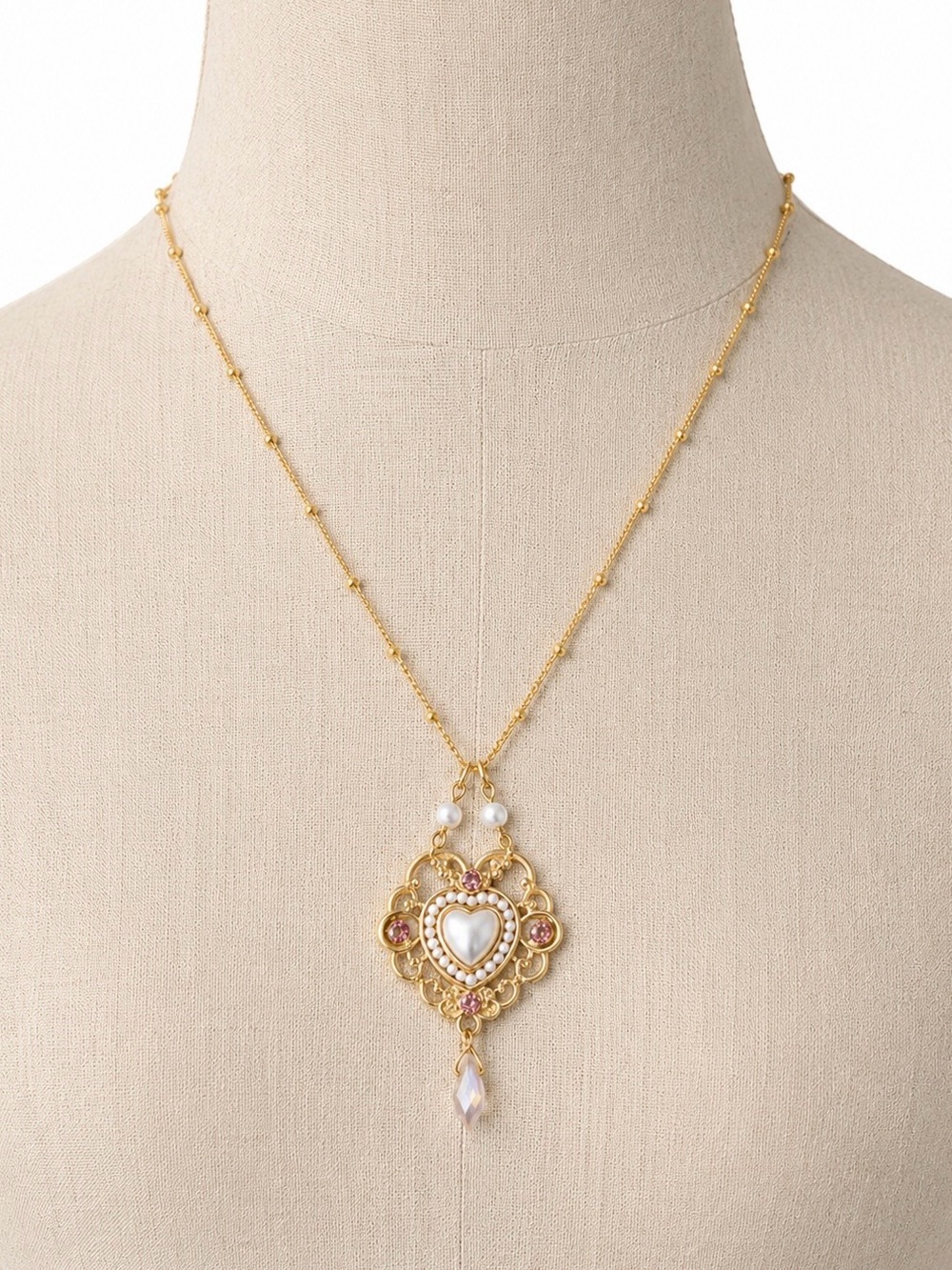 Gold Filigree Heart Pendant Necklace with Pearlescent Accents